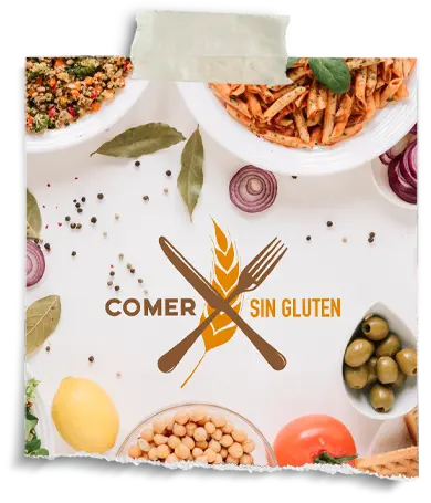 Foto de logotipo "Comer sin Gluten" con cuchillo y tenedor formado una X